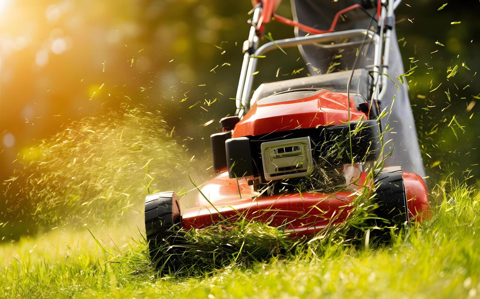 Low Angle Shot of Man Trimming Hedge with Lawnmower in Sunny Backyard photo