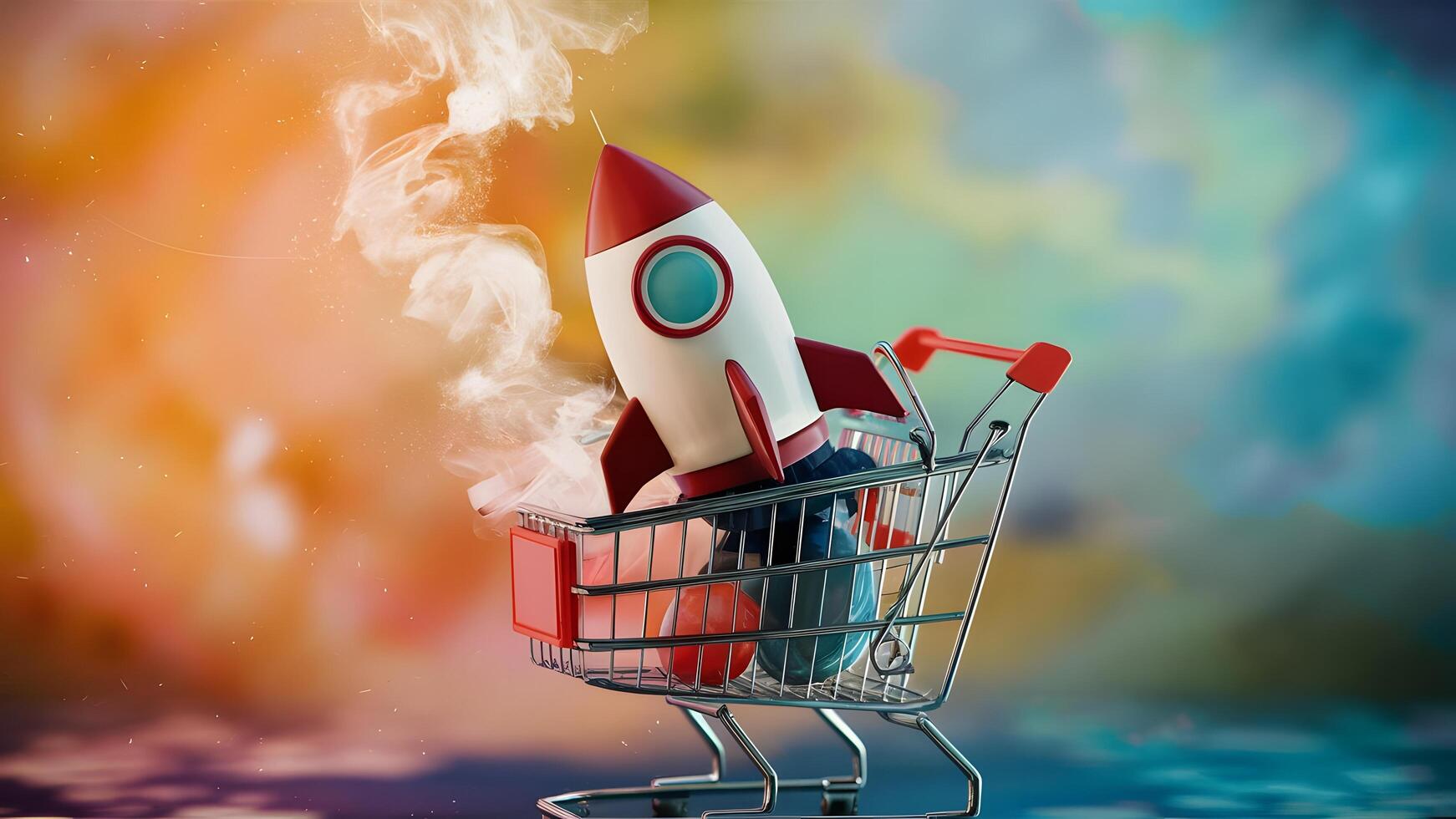 Shopping Cart with Rocket Launching, Symbolizing Fast Delivery and Quick Shipping photo
