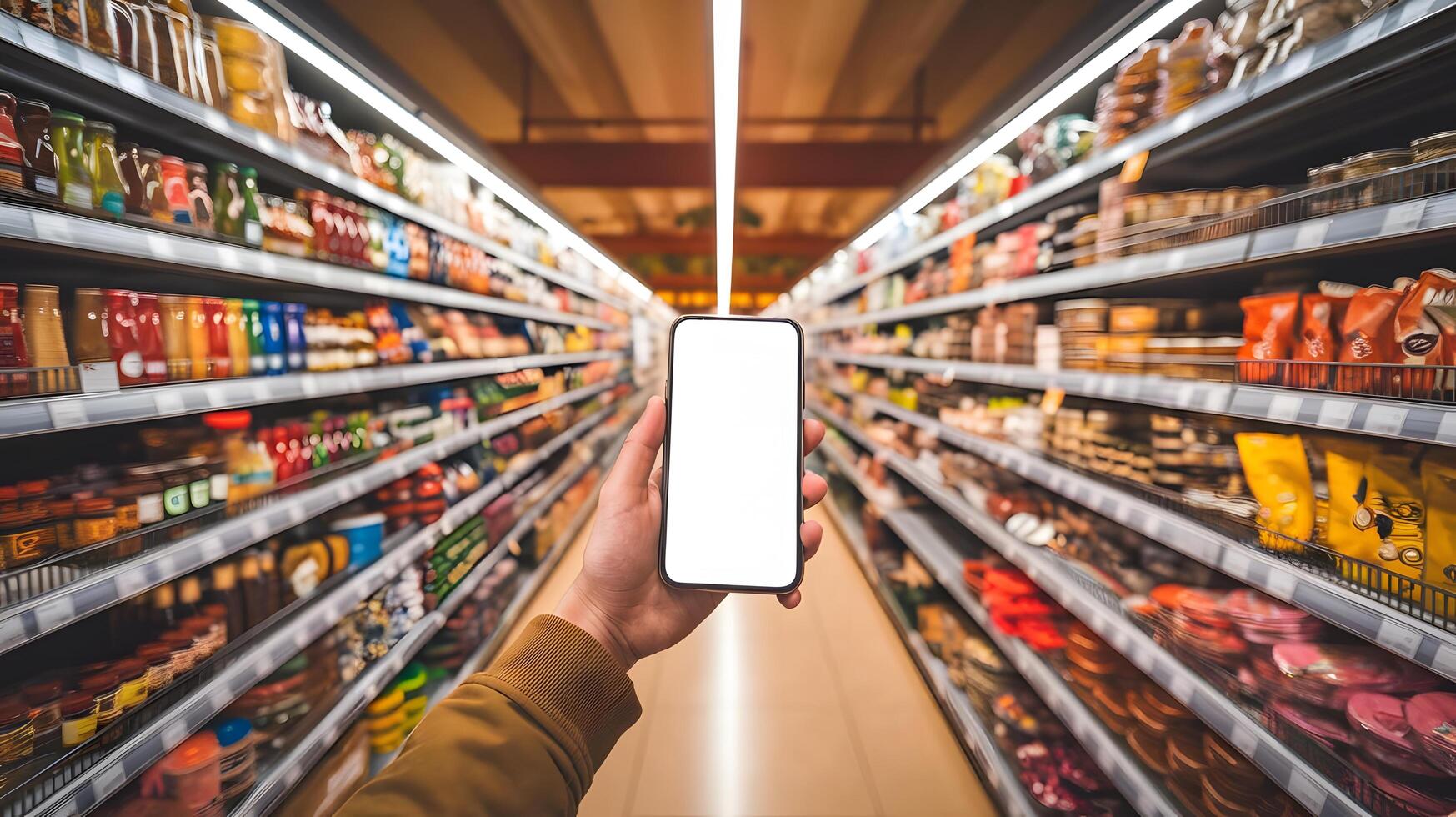 Close-Up of Hand Holding Smartphone in Grocery Store photo