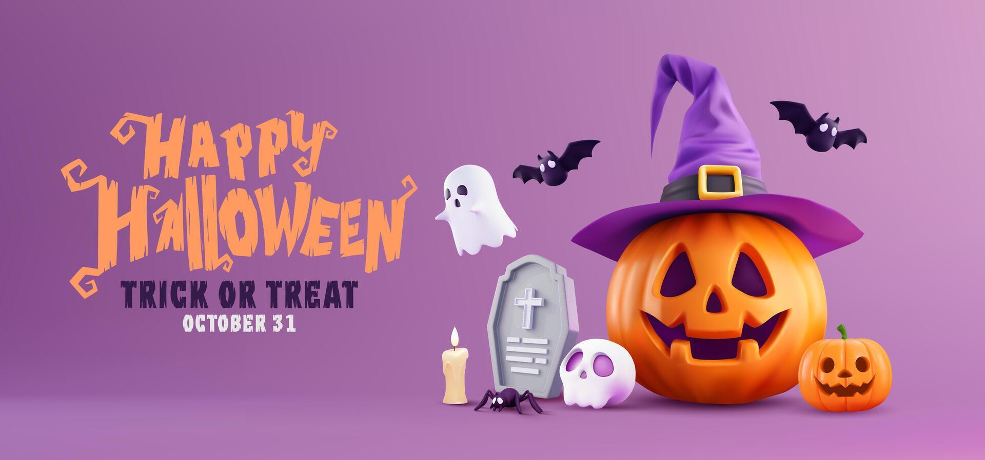 Happy Halloween Background with Pumpkin Jack-O'-Lantern, Witch Hat, Ghosts, and Spooky Decorations. Perfect for Trick or Treat Celebrations, Holiday Parties, and October 31st Festivities vector