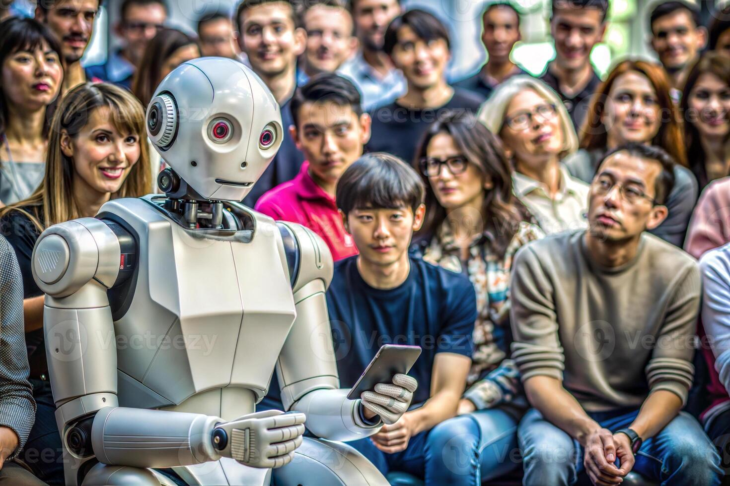A robot is sitting in front of a crowd of people. The robot is holding a cell phone in its hand. Scene is curious and intrigued. photo