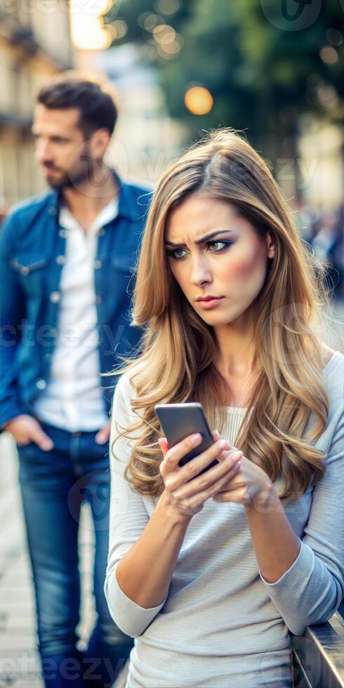 Young beautiful woman holds smartphone in her hands and keeps silent. Young man is visible behind her. photo