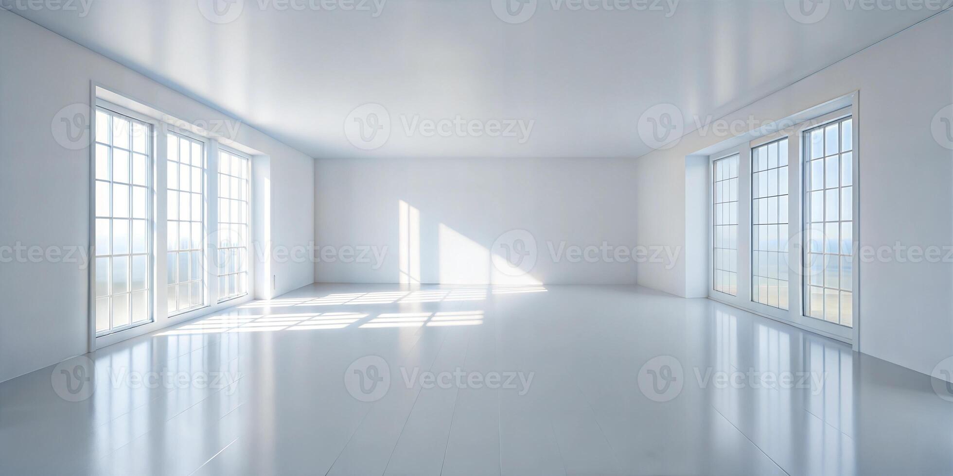 A large, empty room with white walls and windows. The room is very bright and airy, with a lot of natural light coming in through the windows. The space feels open and inviting. photo