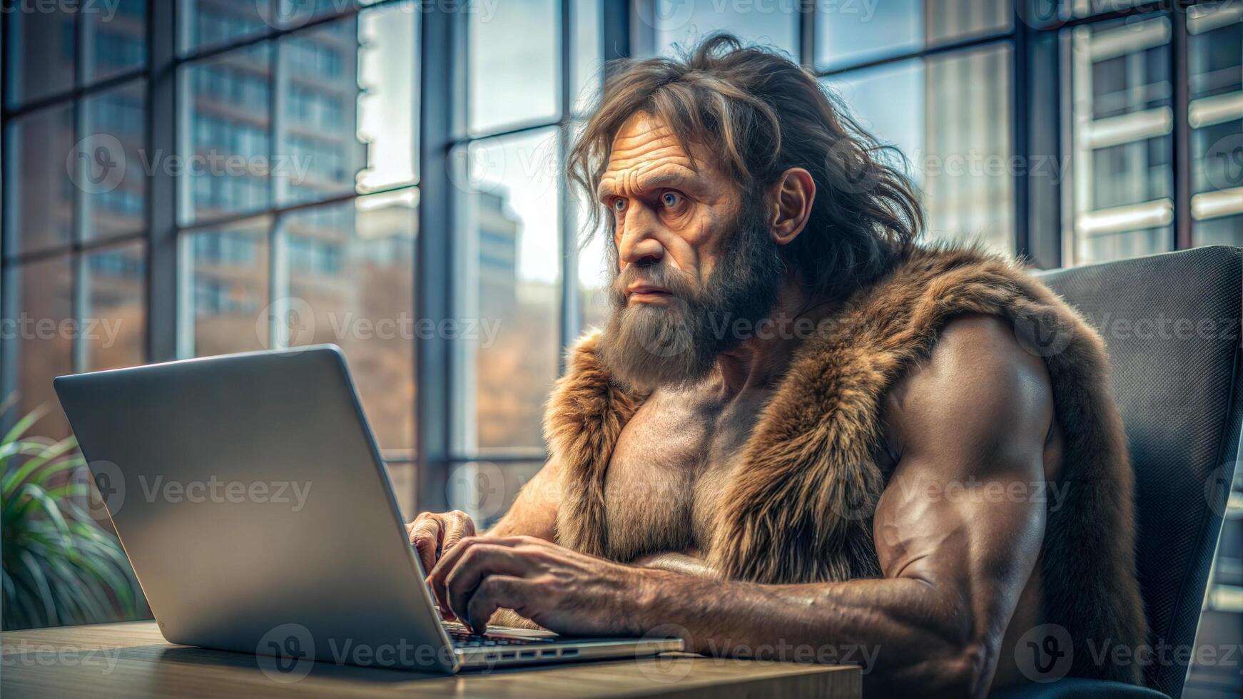 A primitive man in a modern office is sitting in front of a laptop. He is typing on the keyboard and concentrating on his work. Concept of solitude and concentration. photo