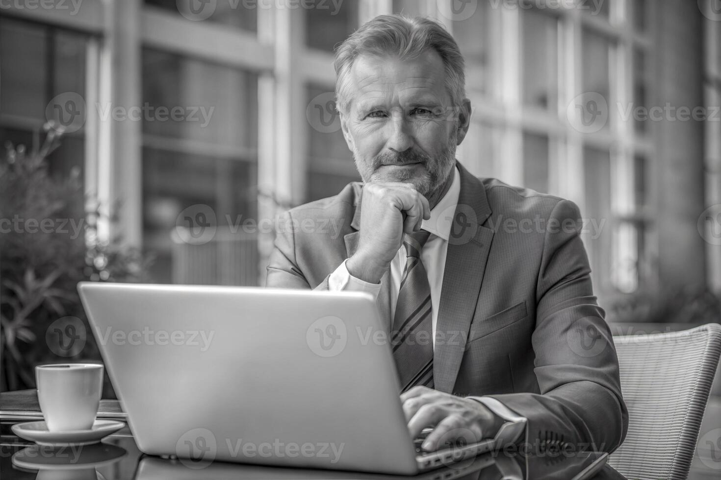 Man in suit sitting at table with laptop and cup of coffee, resting chin on hand. photo
