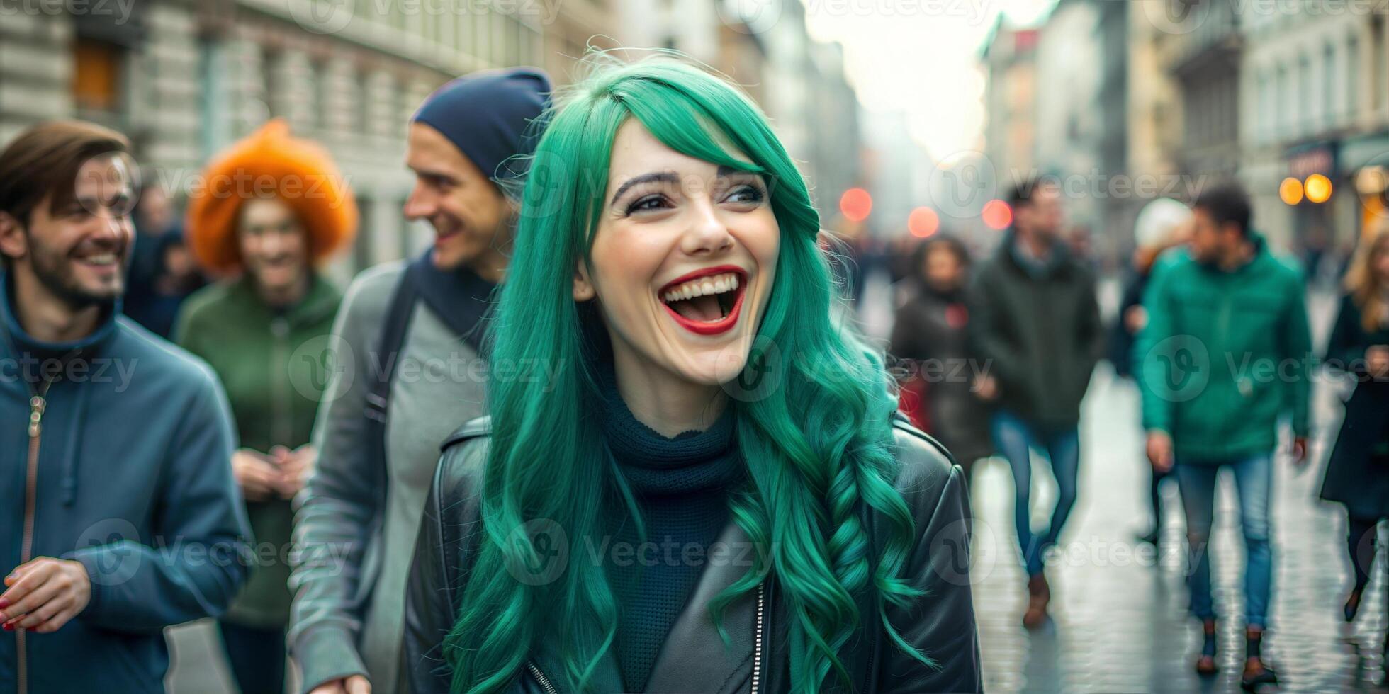 A woman with green hair is smiling and laughing in a busy city street. She is surrounded by other people, some of whom are also smiling. The scene has a lively and cheerful atmosphere. photo