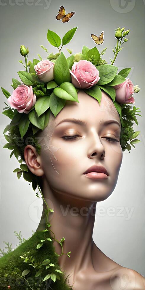 Head of beautiful young woman decorated with fresh flowers. Symbol of nature, beauty and freshness. photo