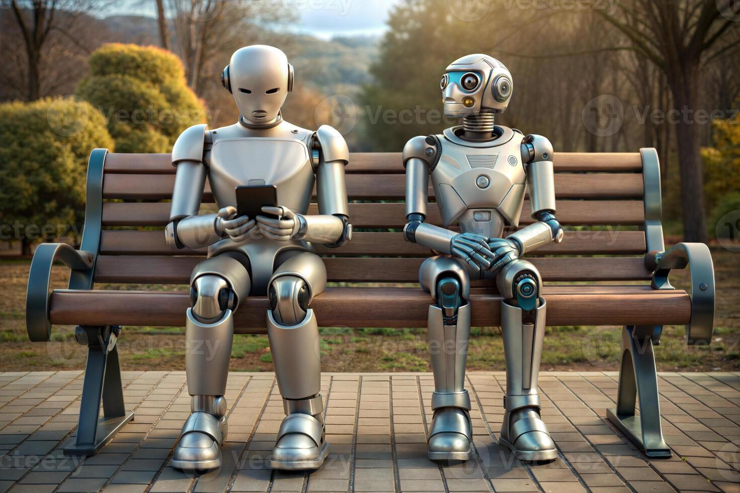 Two robots sitting at a table with cell phones in their hands. Scene is lighthearted and playful. photo