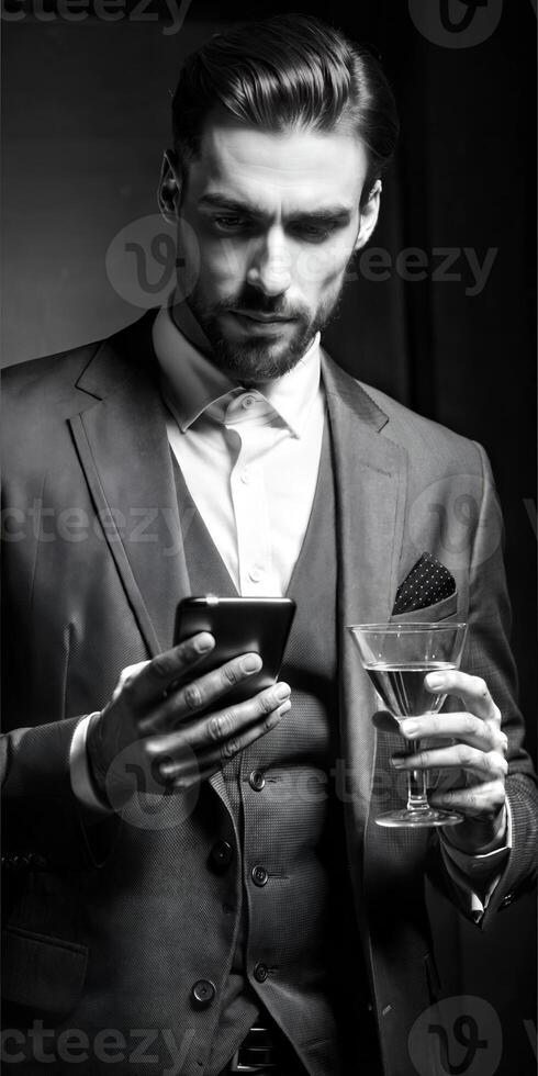 A man in a suit is holding a cell phone and a glass of wine. He is checking his phone while sipping his drink. Concept of sophistication and leisure, as the man is dressed in a suit. photo