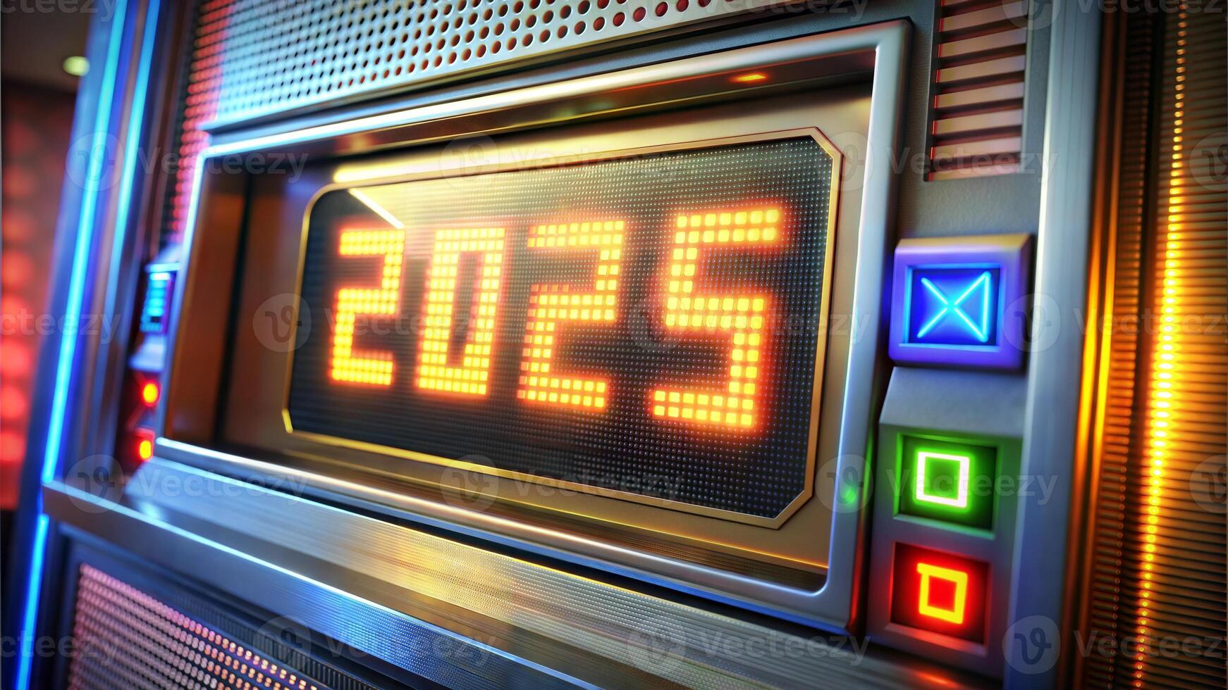 A slot machine with a large red number 2025 on it. The machine is surrounded by other slot machines. photo