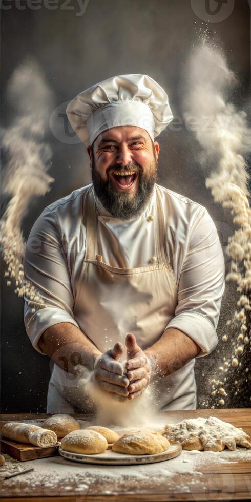 A chef is making bread and smiling. The chef is wearing a white apron and a white hat, and he is surrounded by flour. photo