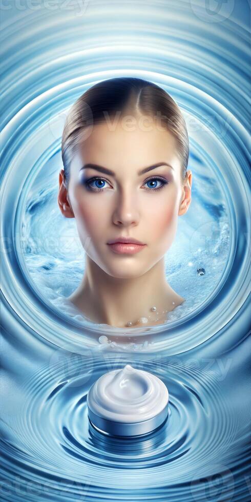 Face of a beautiful young girl and moisturizing cream. photo