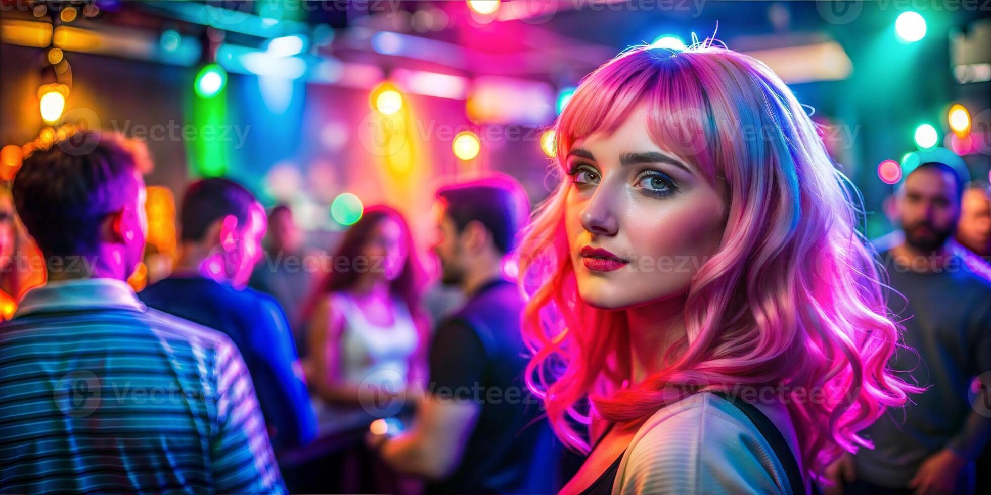 A woman with pink hair stands in a crowded bar where people are dancing and singing. The atmosphere is lively and energetic, with bright lights and colorful decorations. photo