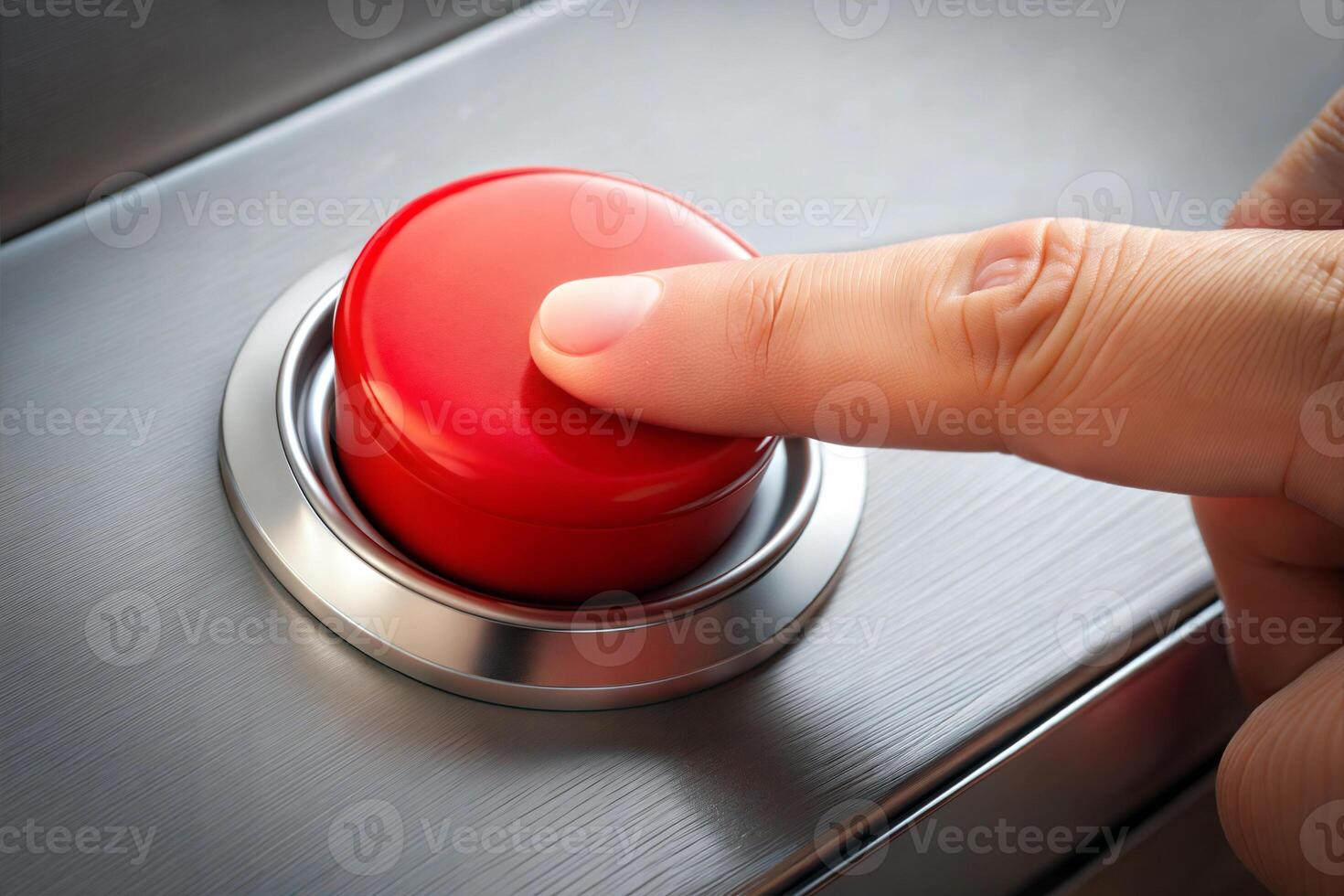 A red button is being pressed by a person's finger. The button is located on a wall and is surrounded by a silver frame. Concept of urgency or importance. photo