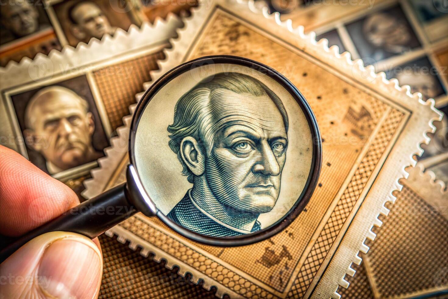 A magnified view of a man's face is shown on a postage stamp. The stamp is surrounded by other stamps, some of which are of different people. Concept of curiosity and intrigue. photo