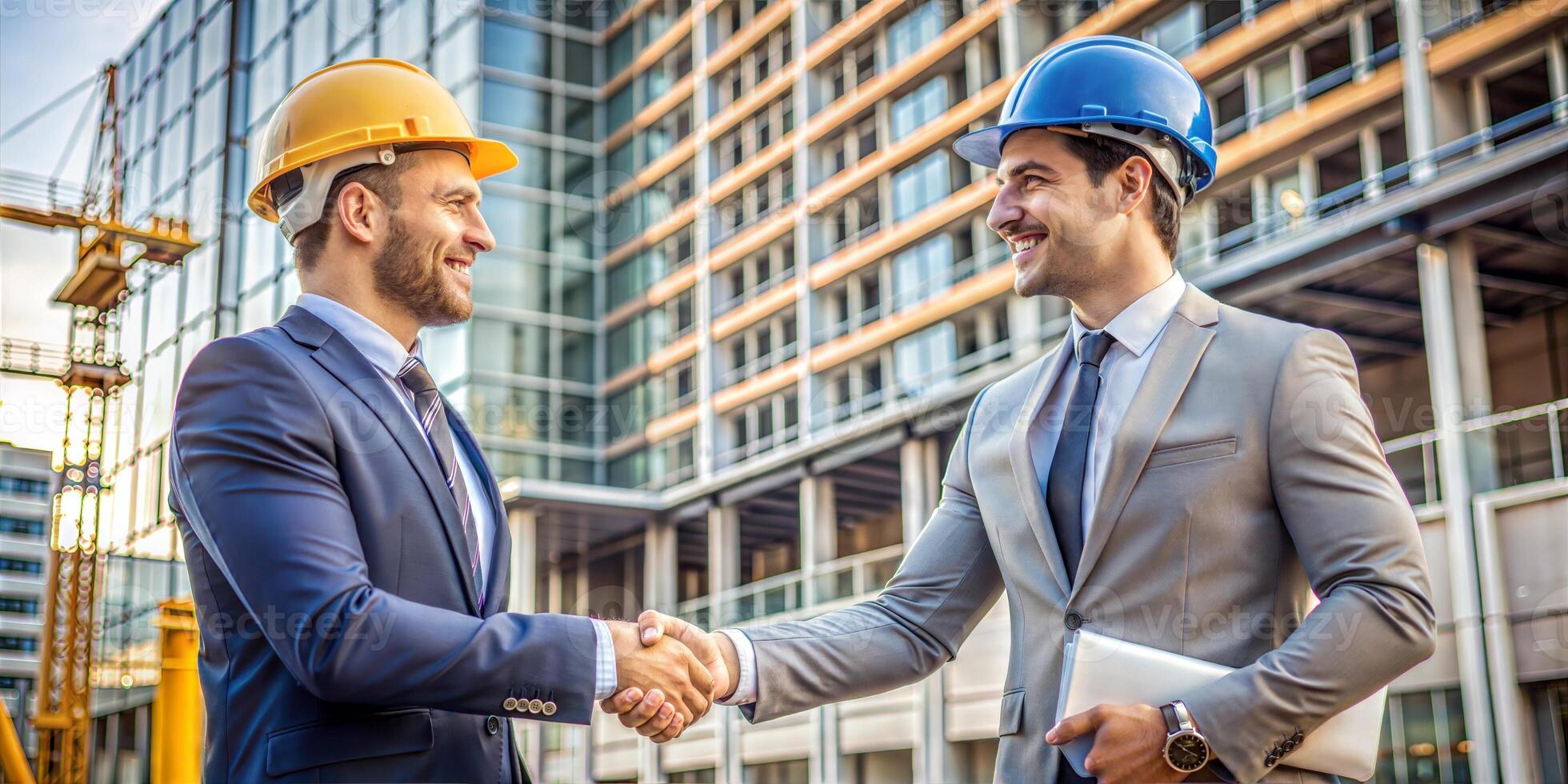 Two men in construction helmets shake hands in front of a building. The scene is professional and friendly. photo