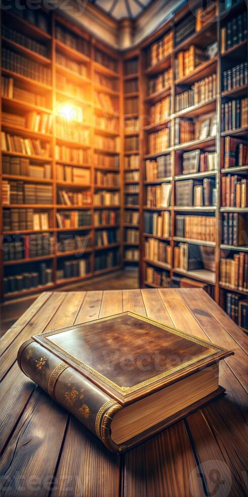 A book is sitting on a wooden table in a library. Concept of warmth and comfort, as if the reader is enjoying a quiet moment in the library photo