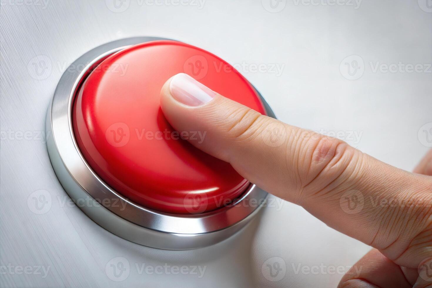 A red button is being pressed by a person's finger. The button is located on a wall and is surrounded by a silver frame. Concept of urgency or importance. photo