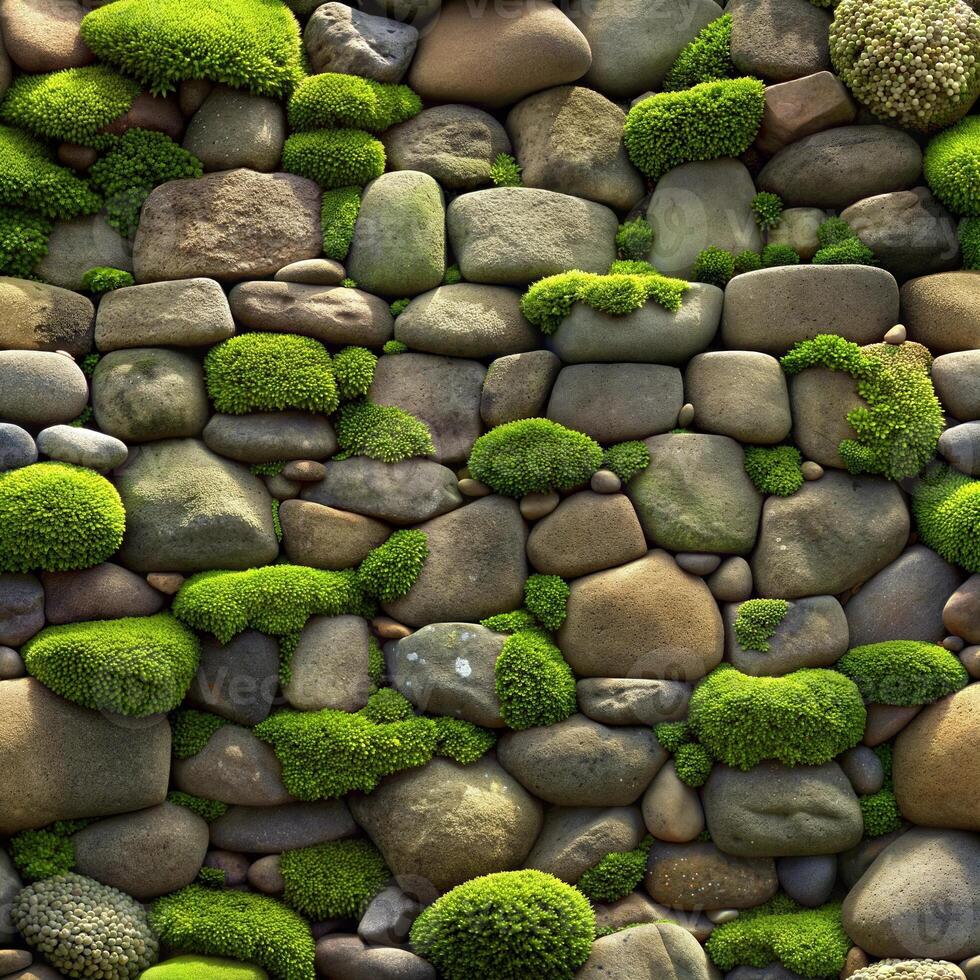 Seamless pattern wall made of stones covered with moss. The wall is made of stone and has a natural, rustic look. photo