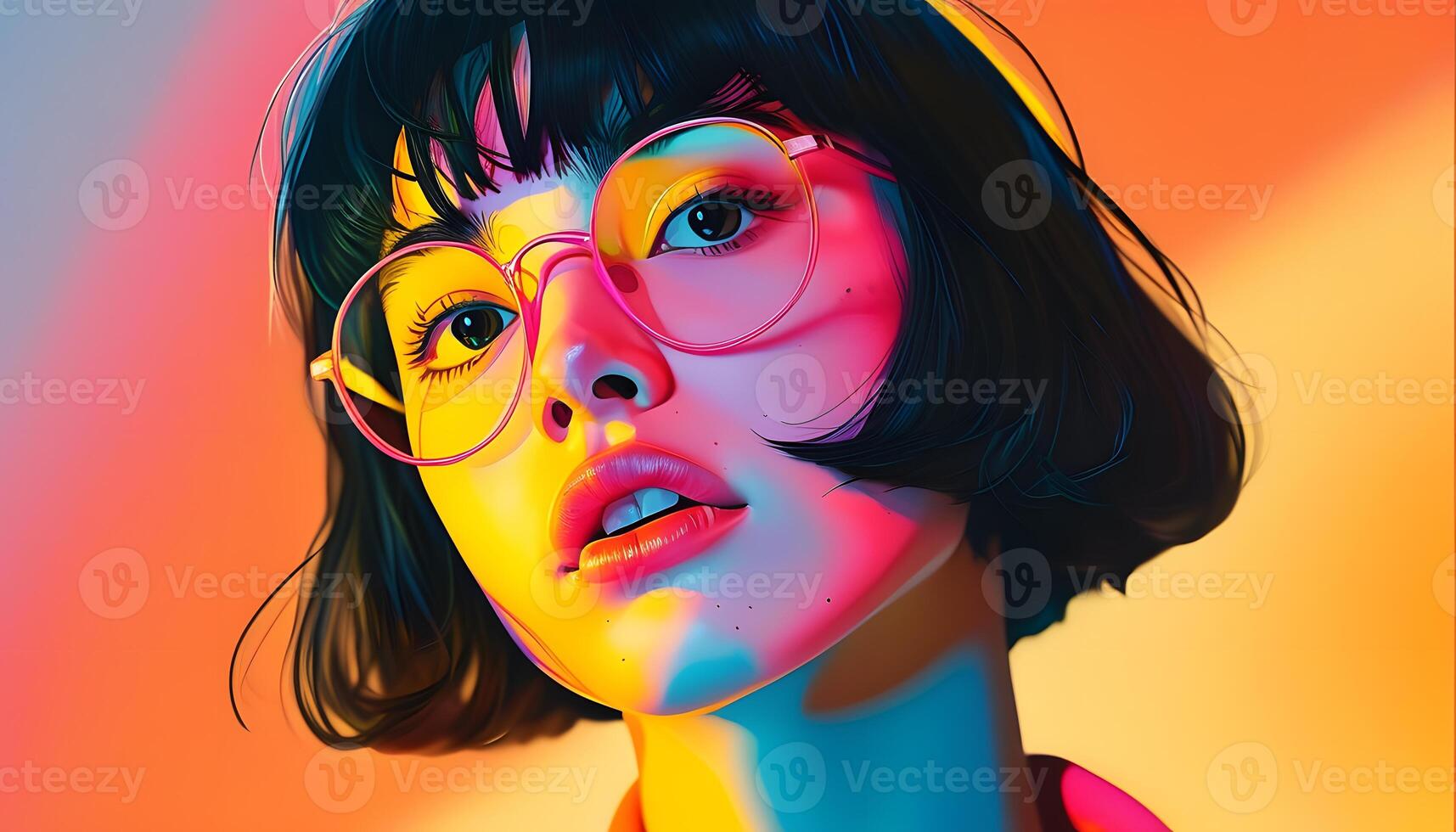 a woman with glasses and a colorful background photo