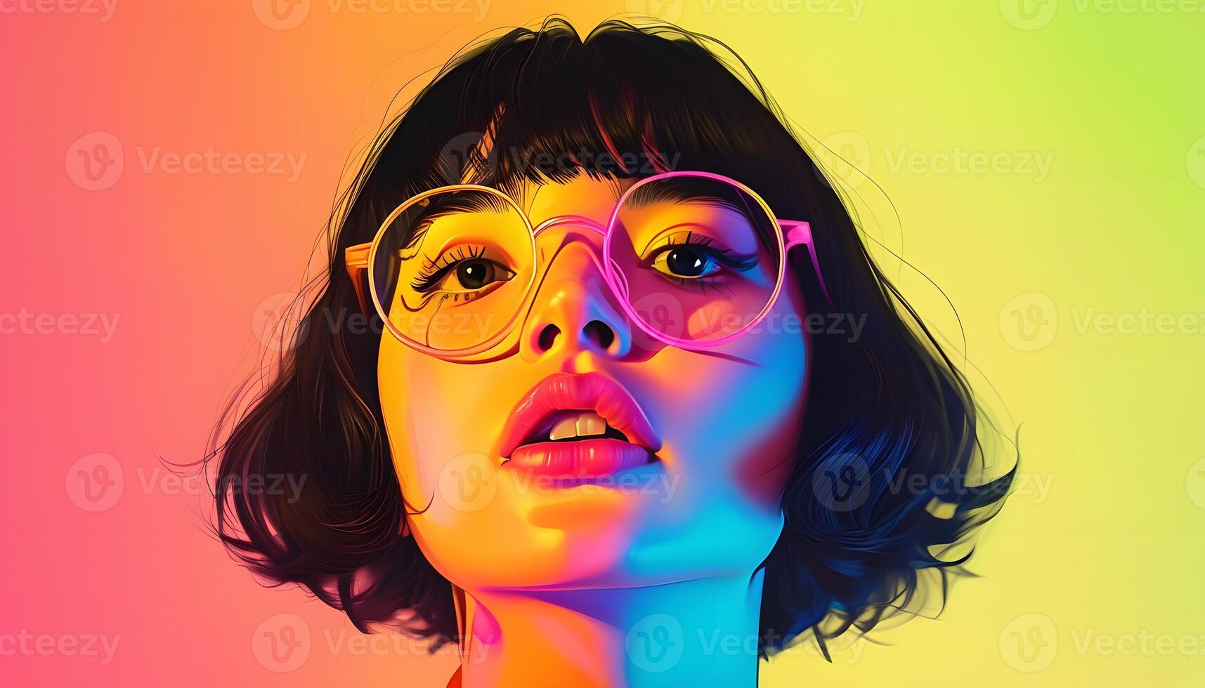 a woman with glasses and a colorful background photo