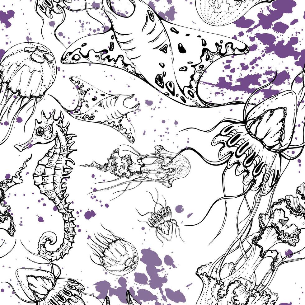 Marine life, sea ocean underwater creatures fish, shells algae seaweed, Ink and pen sketch hand drawn. Seamless pattern illustration, stylized, isolated on white. Zoo shop, aquarium, cosmetics, resort vector