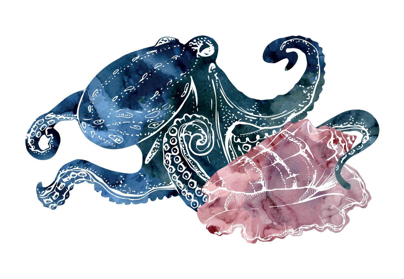 Watercolor and ink hand drawn marine life, sea ocean underwater creatures. fish, shells algae seaweed. Composition illustration, stylized, isolated on white. For zoo shop, aquarium, cosmetics, resort vector