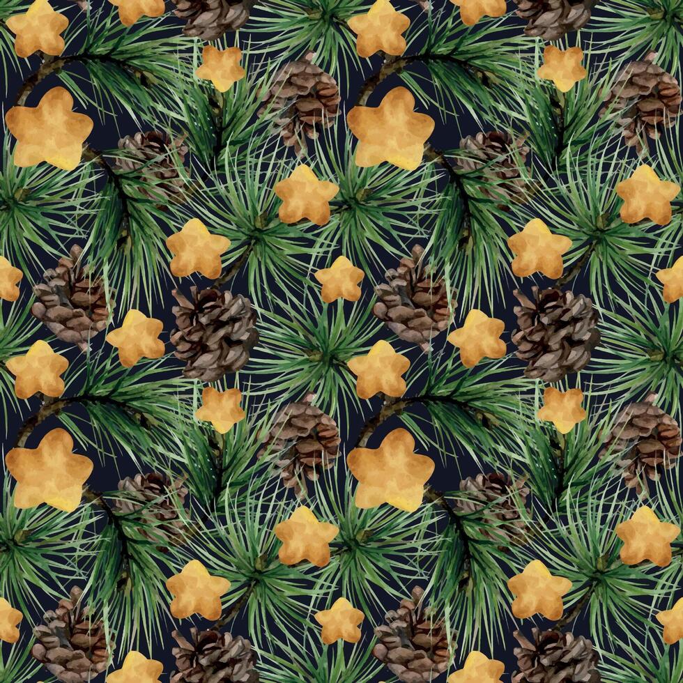 Pine, fir tree, spruce branches cones, gold star baubles. Watercolor hand drawn illustration, seamless pattern isolated on dark. Xmas, happy new year festive, noel navidad holiday. Paper, textile vector
