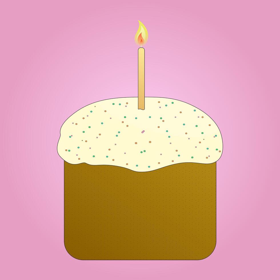 Beautiful Easter cake with icing and a lit candle on a pink background. Perfect for holiday greetings and festive designs. vector
