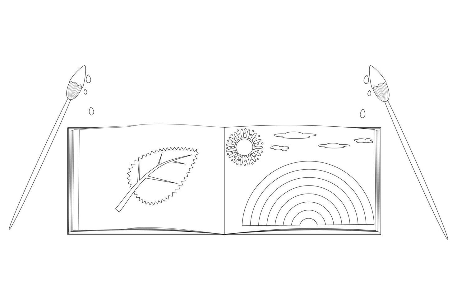 Sketchbook with fun drawings and dripping paint brushes, perfect for back-to-school creative projects and kids coloring activities. vector