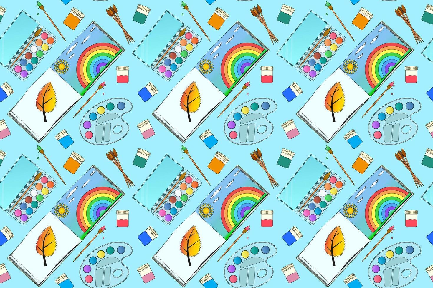 Colorful seamless pattern with sketchbooks, paints, and brushes. Ideal for back-to-school themes, kids creative projects, and educational materials. vector