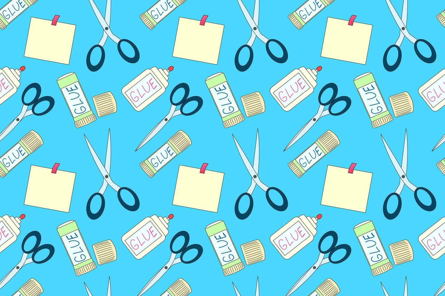 Colorful seamless pattern featuring glue, scissors, and sticky notes, perfect for back-to-school themes and educational projects. vector