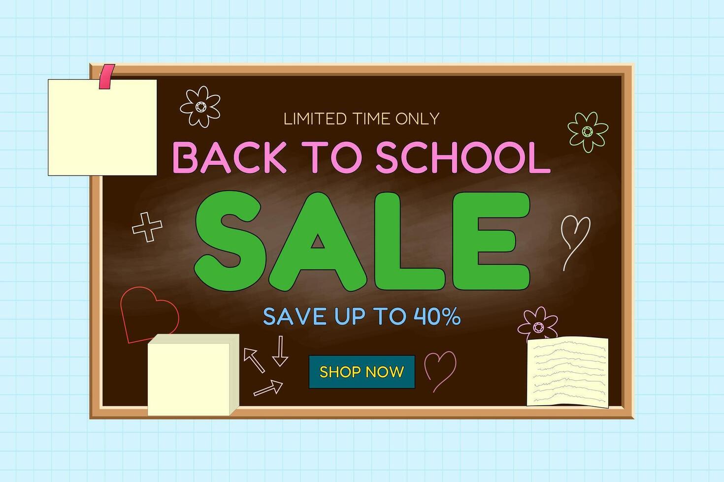 Back to school sale banner featuring a chalkboard, sticky notes, and school-themed doodles. Perfect for educational promotions and seasonal offers. vector