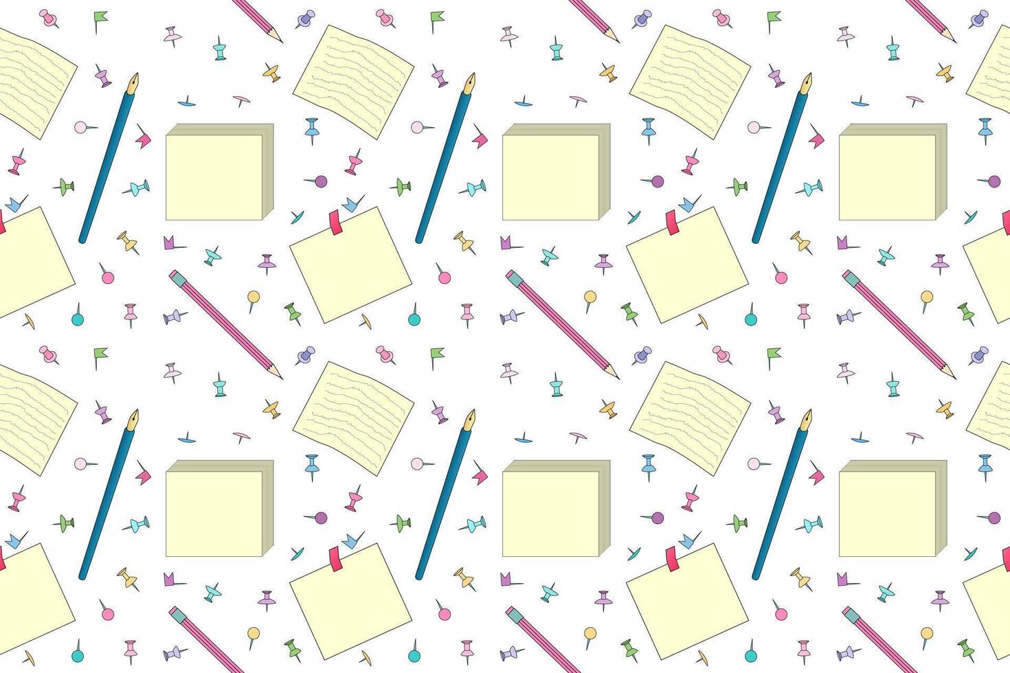 Seamless patterns featuring school supplies like pencils, notes, scissors, and push pins. Perfect for back-to-school designs. vector