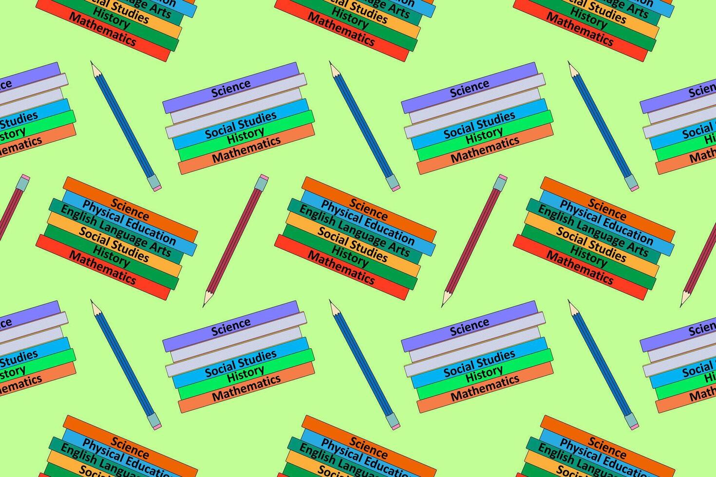 Seamless pattern featuring stacks of books labeled with school subjects and pencils. Perfect for educational and school-themed designs. vector