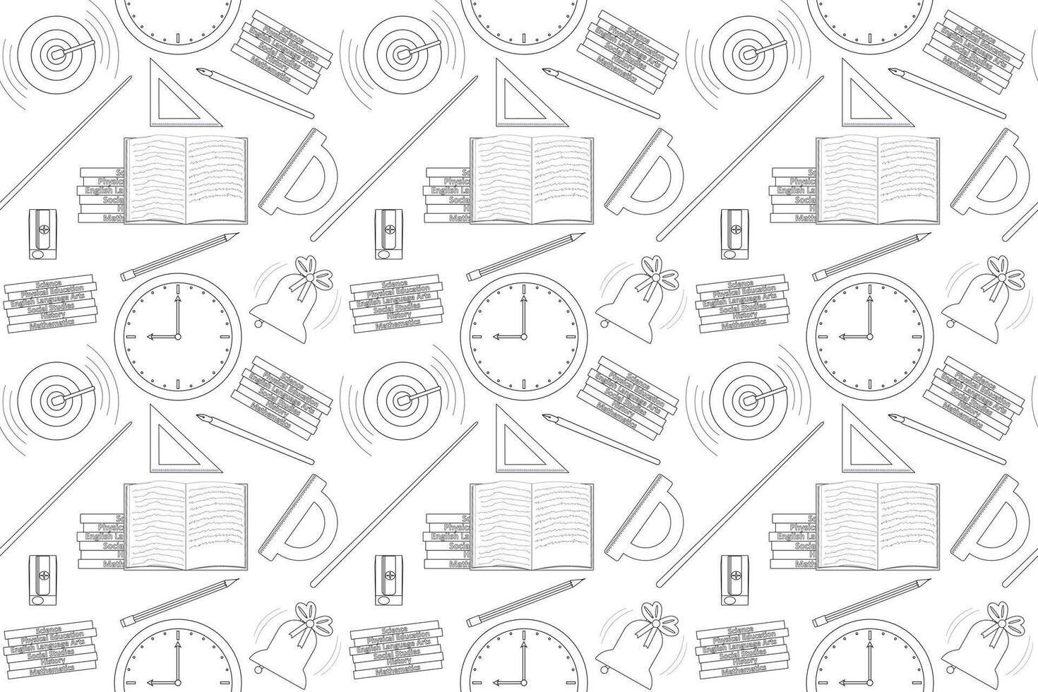 Seamless pattern illustration of back-to-school supplies, including books, clock, bell, and more. Perfect for coloring books and educational designs. vector