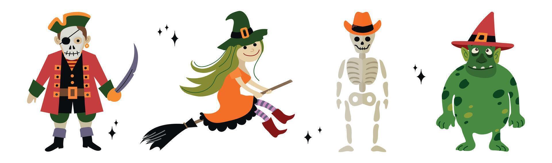 Halloween characters costumes set collection witch skeleton goblin pirate vector