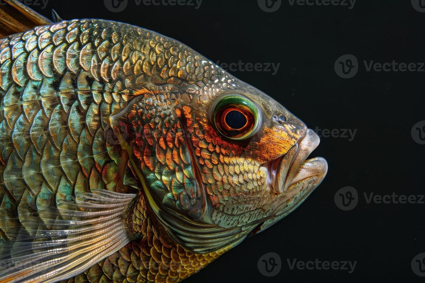 Mystic Portrait of tilapia isolated with black background photo