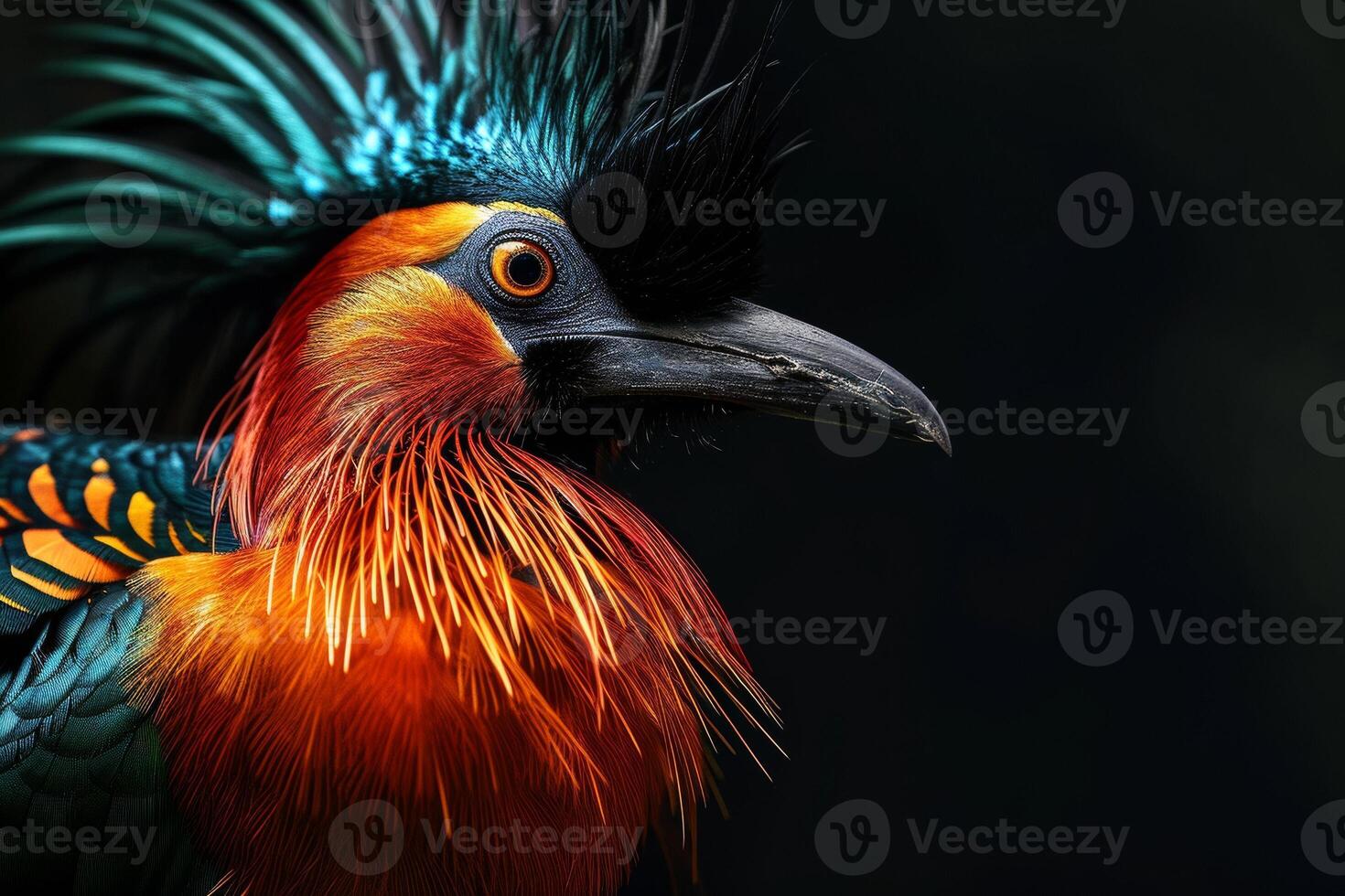 Mystic portrait of Greater bird of paradise isolated with black background photo