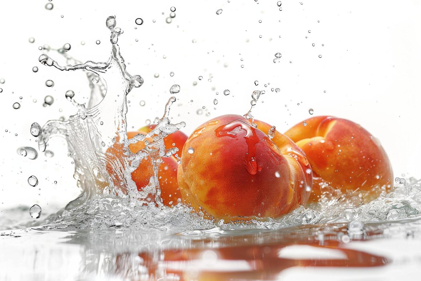 Three peaches are splashing in water photo