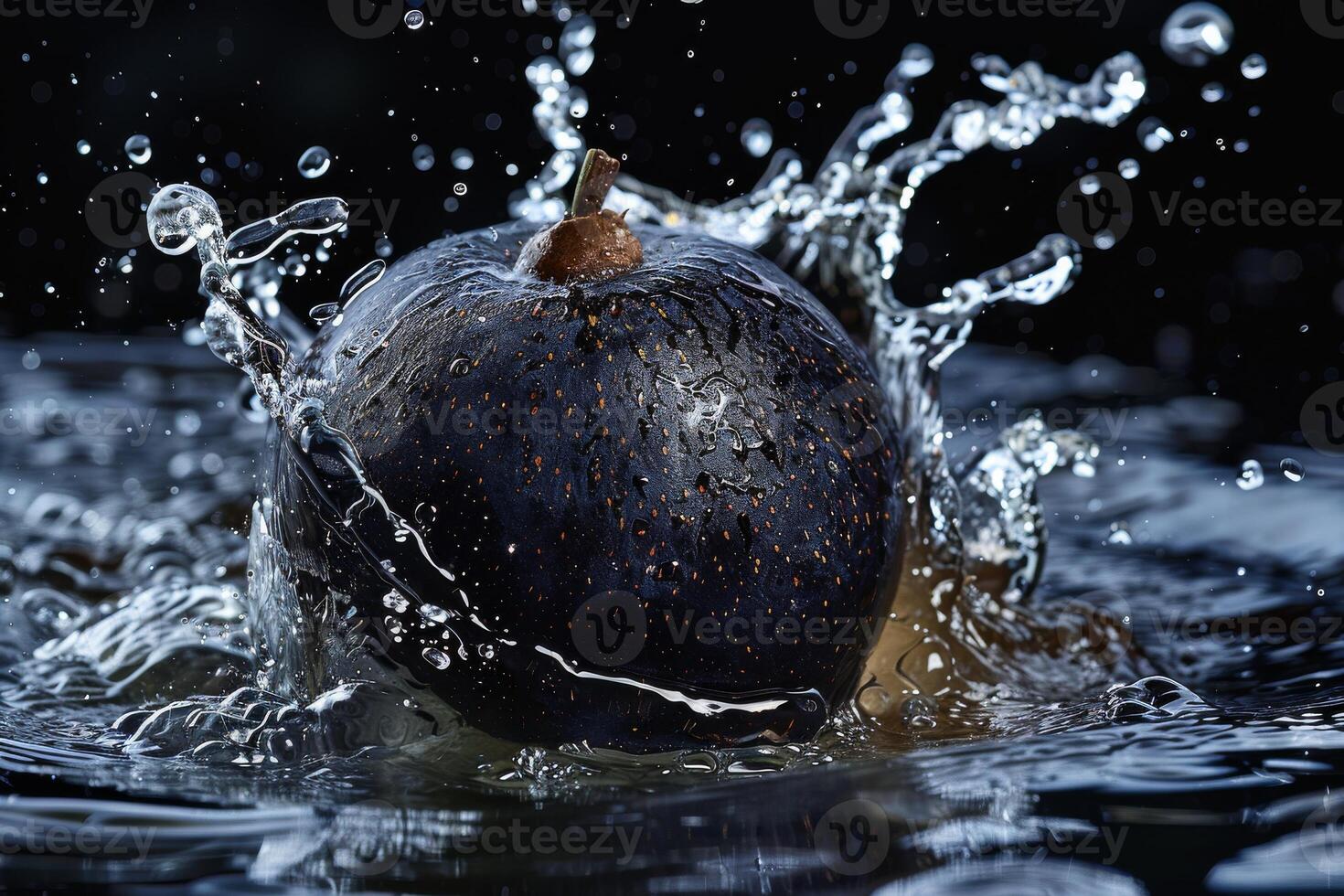 A black fruit is splashing in water photo