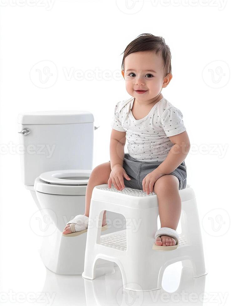 A baby sitting on a stool next to a toilet photo
