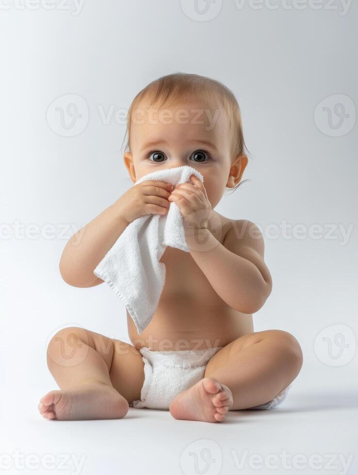 A baby in diapers sitting on a white background photo