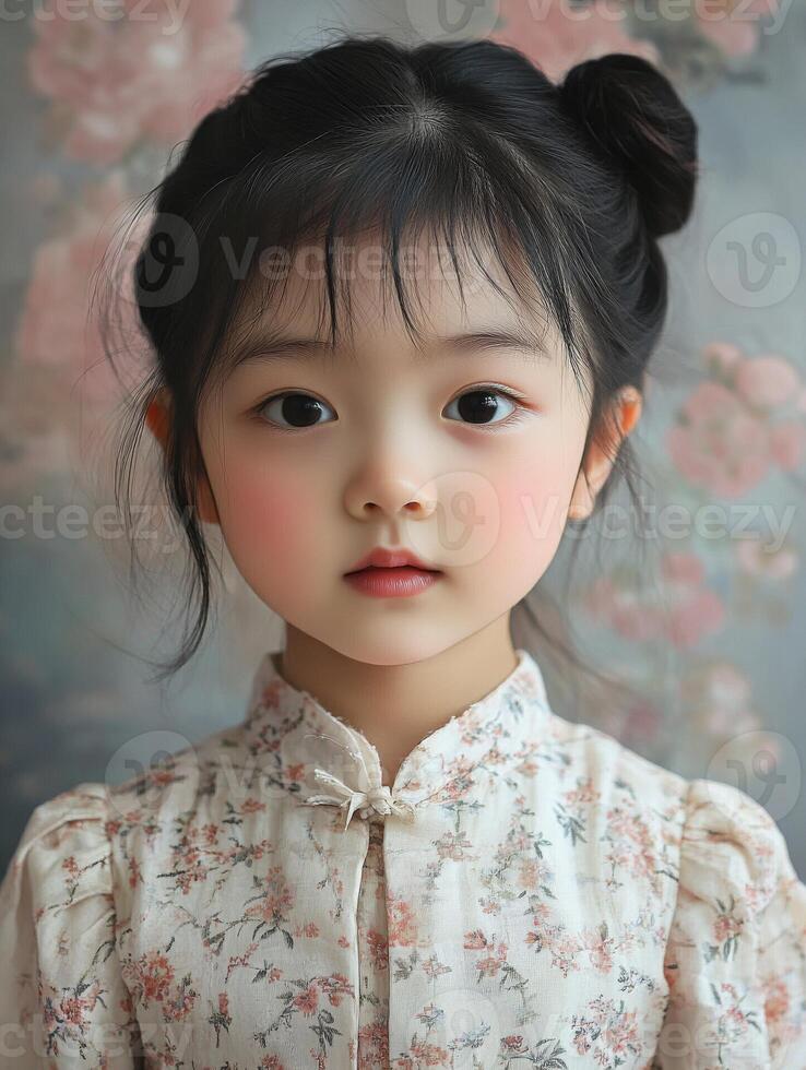 A little girl with pink eyes and a flowery dress photo