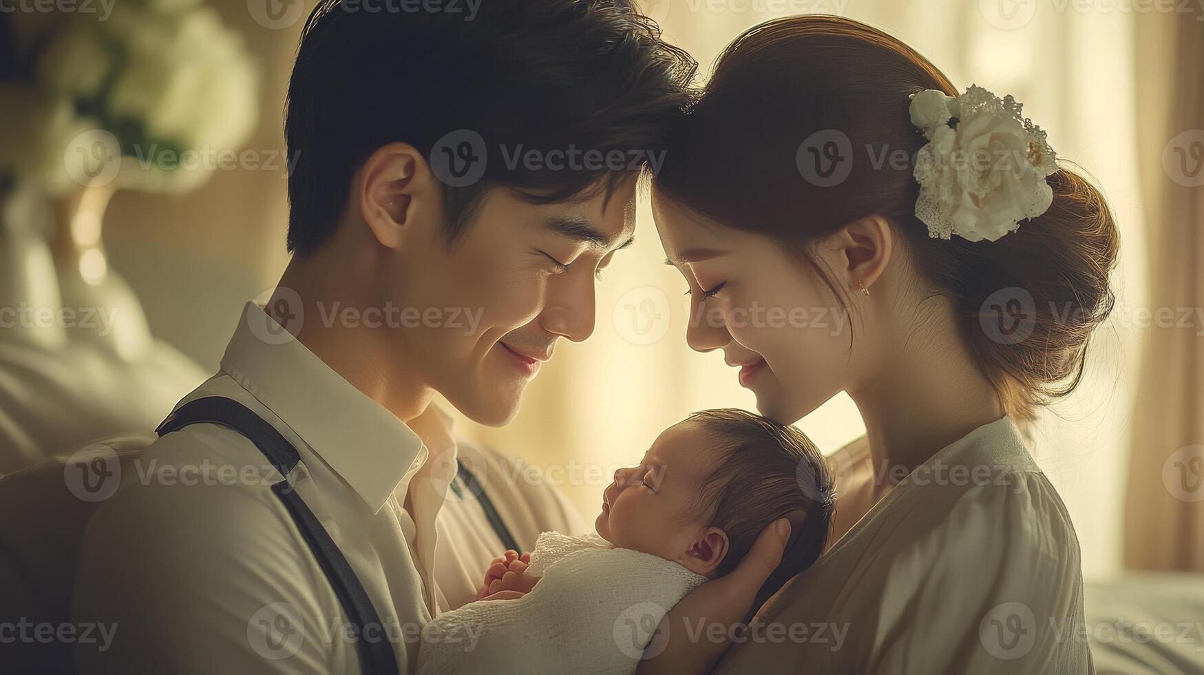 A man and woman holding a baby in a room photo
