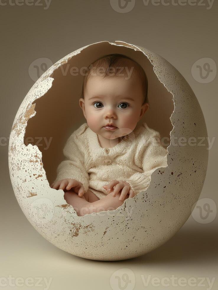 A baby sitting inside of an egg shell photo