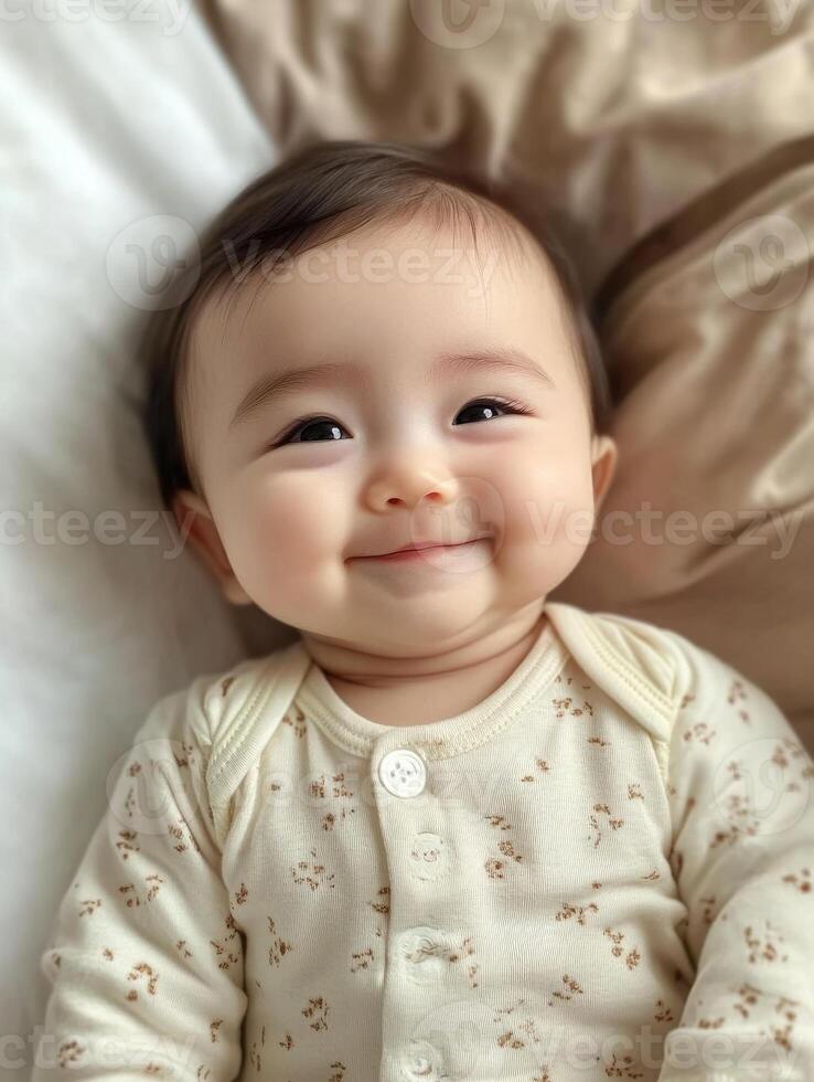 A baby smiling on a bed photo