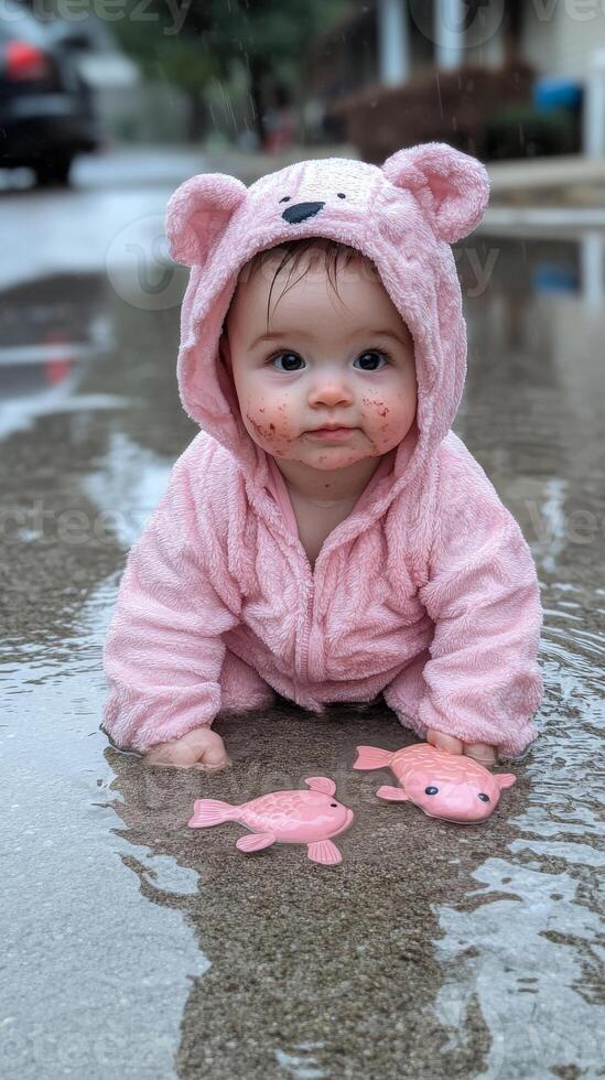 A baby in a pink bear costume playing in the rain photo