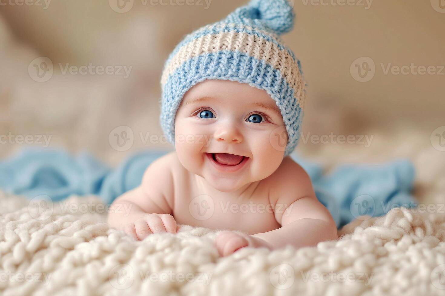 A baby in a blue knitted hat is smiling photo
