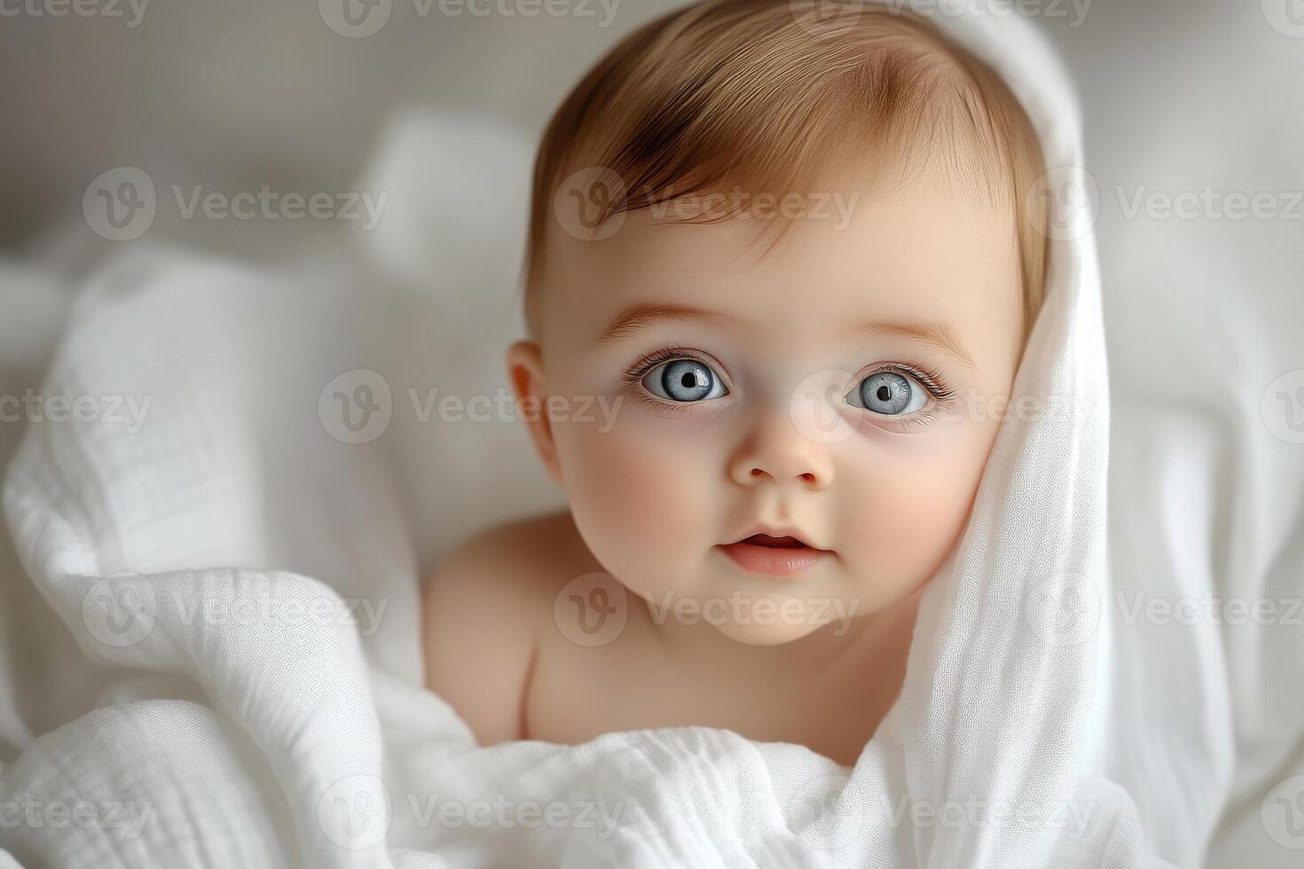 A baby with blue eyes is laying on a white blanket photo